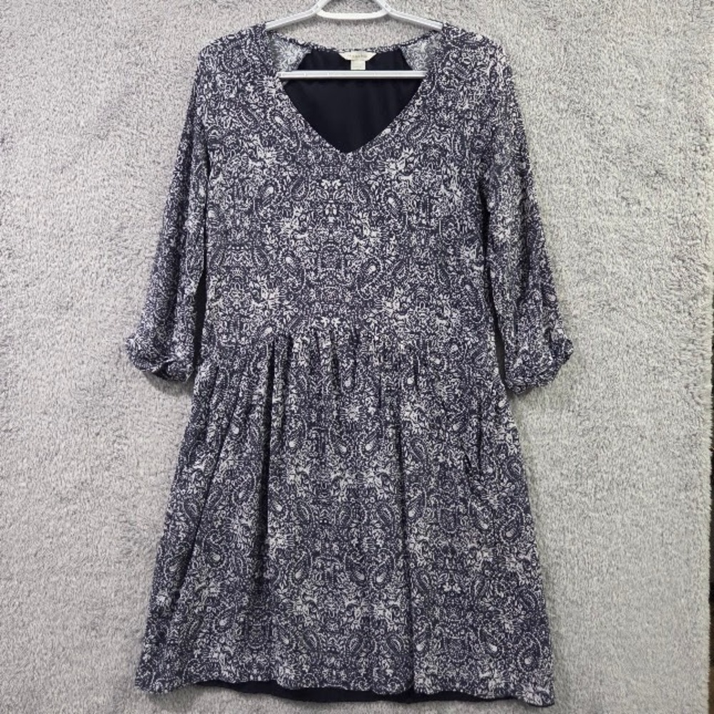 Garnet Hill Dress Women's 8 Navy Blue Paisley Medallion V-Neck Lined Pockets